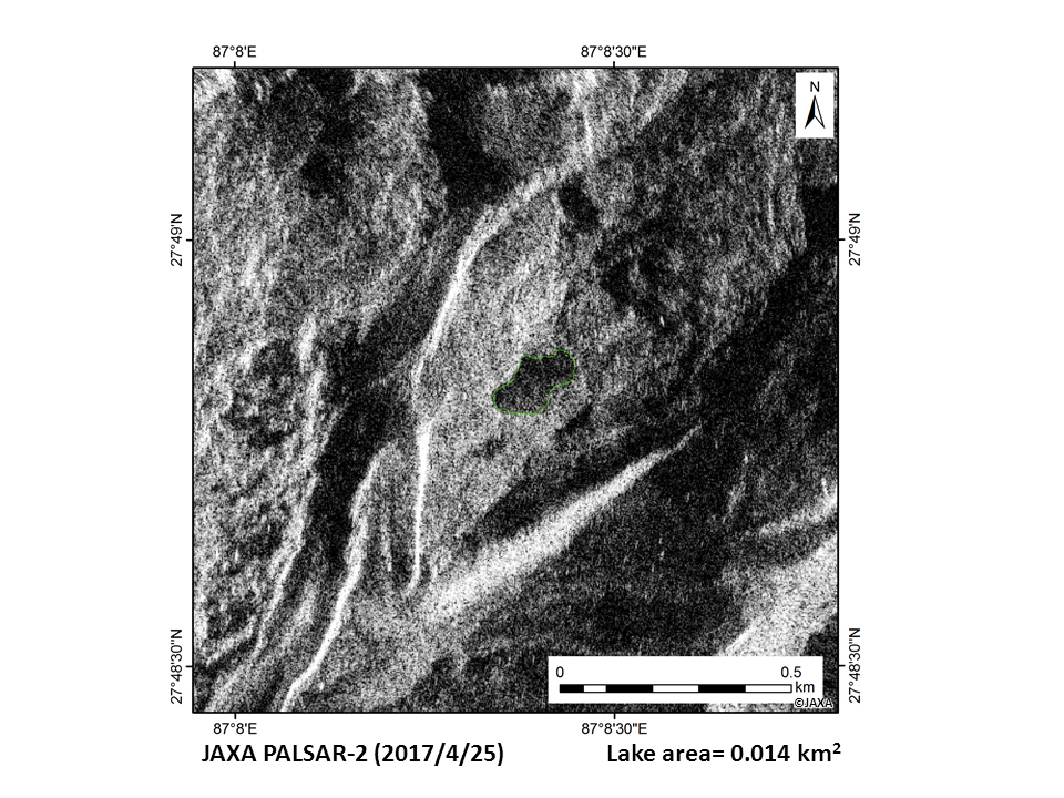 図1: 幾何補正済みALOS-2/PALSAR-2後方散乱強度画像（2017年4月25日観測）