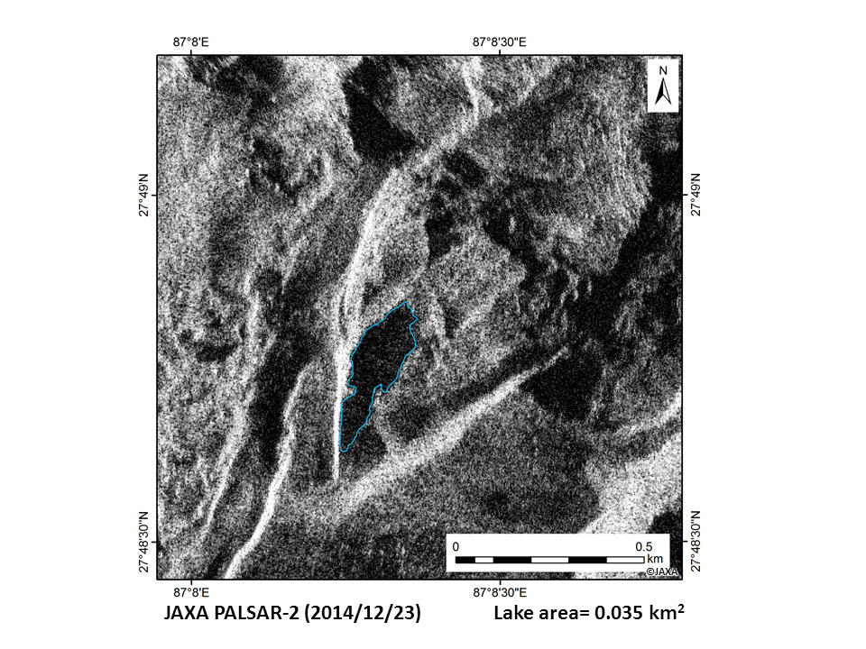 図4: 幾何補正済みALOS-2/PALSAR-2後方散乱強度画像（2014年12月23日観測）