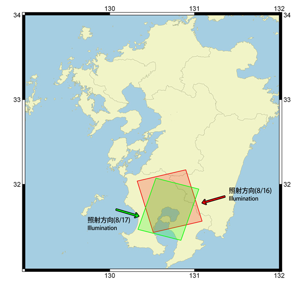 図1:PALSAR-2の観測範囲 (赤:2015年8月16日夜、緑:2015年8月17日昼)