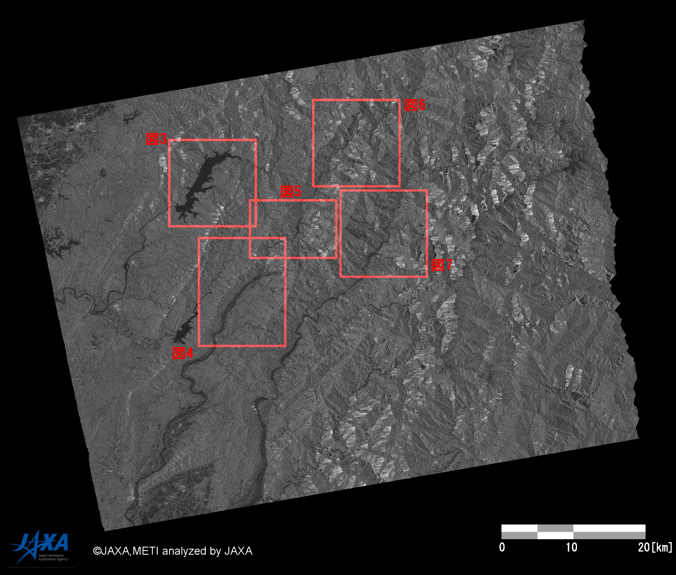 図2: 災害後のPALSAR画像(平成21年8月23日観測)。