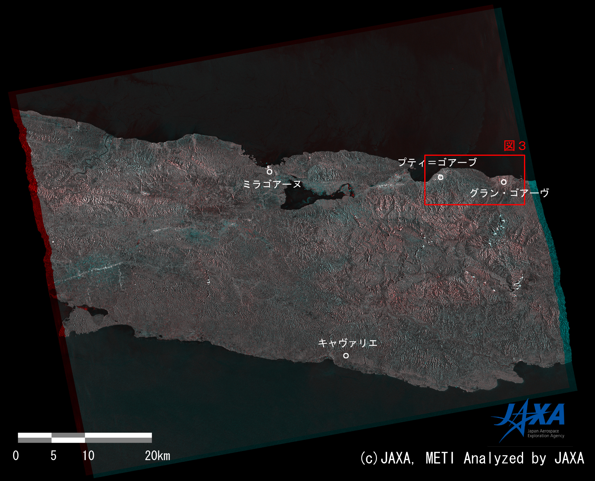 図2: 地震前後のPALSAR変化抽出画像