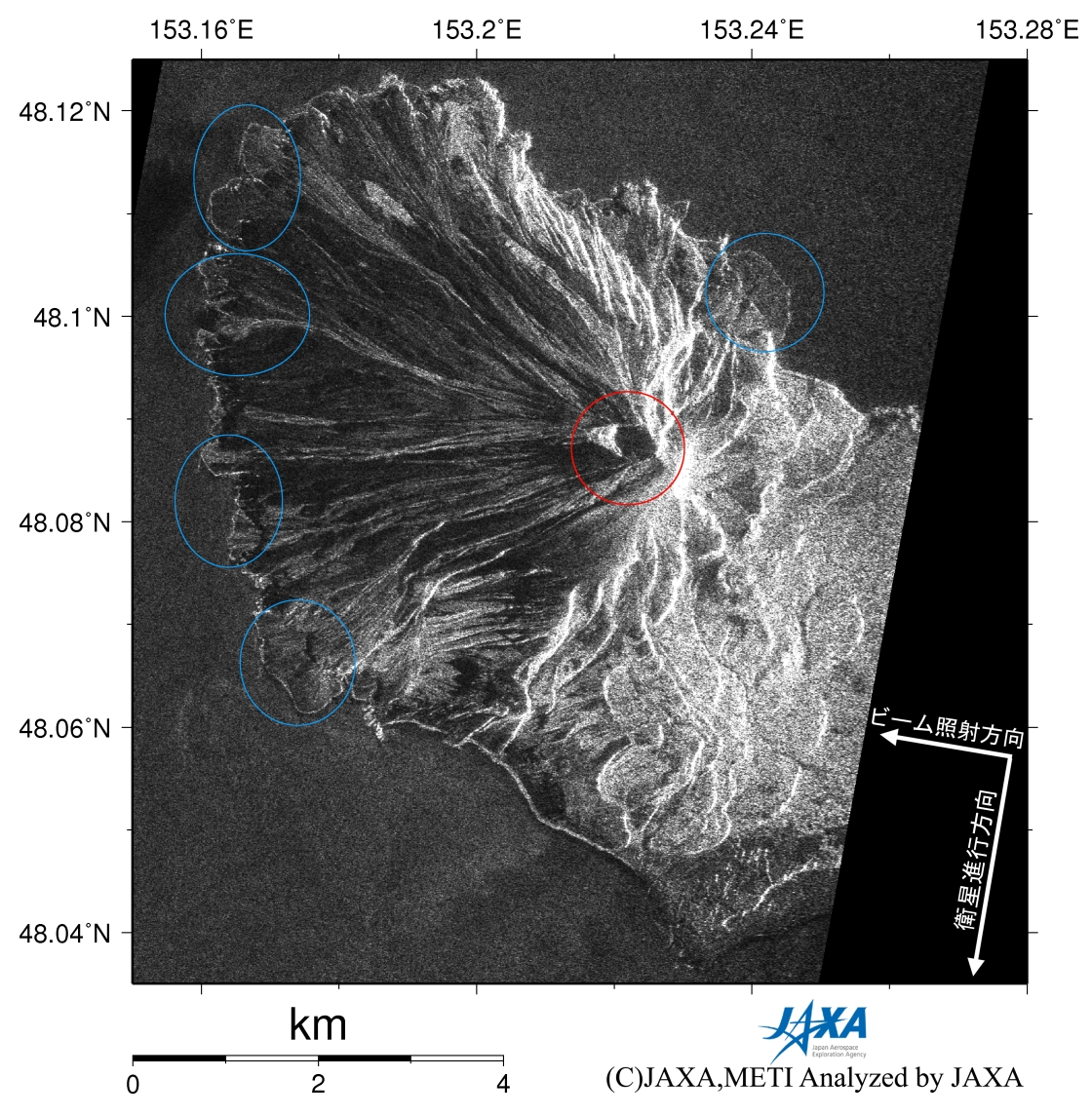 図1: (左)2009年6月19日(噴火後)のPALSAR強度画像。