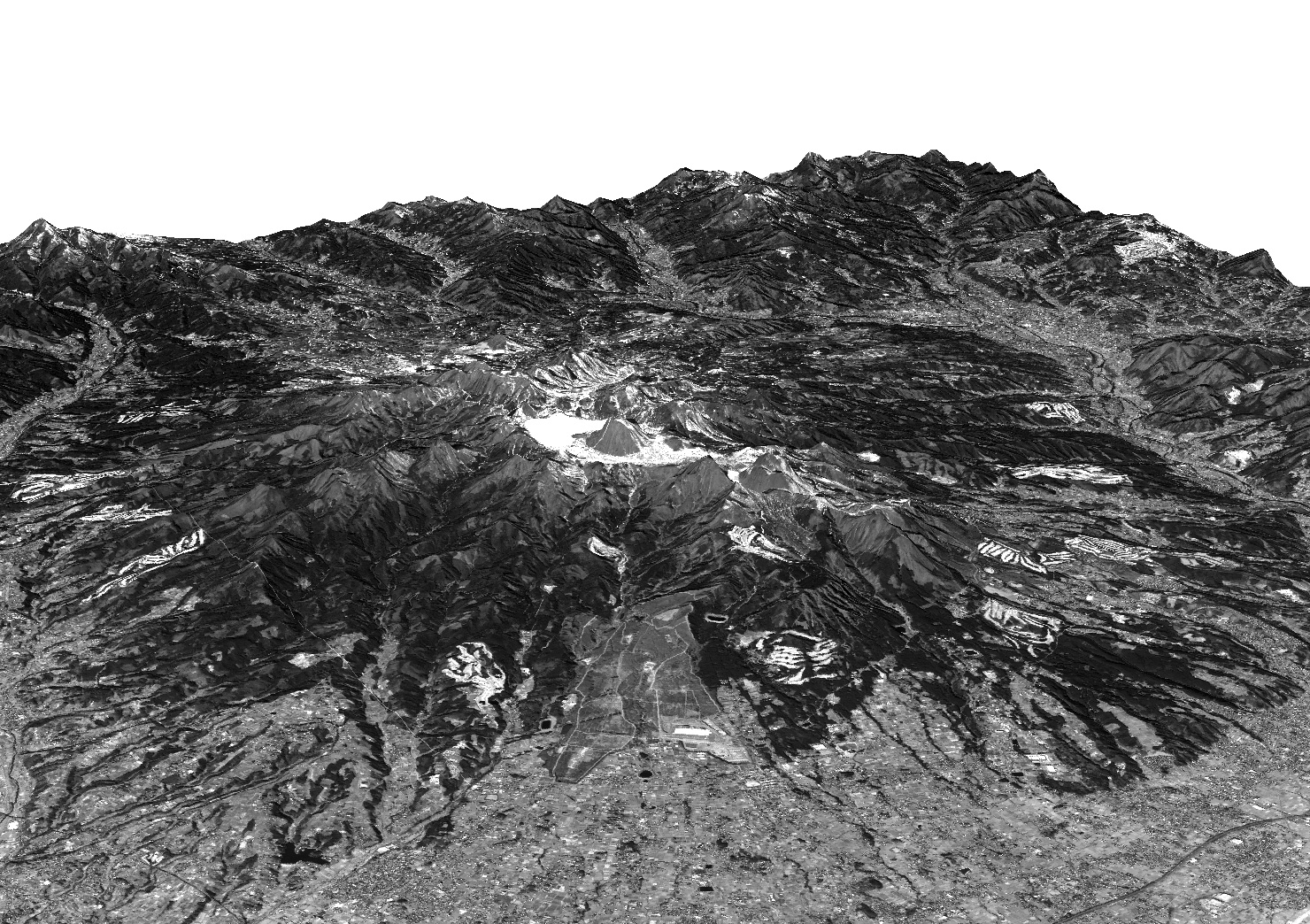 図1: 2006年2月14日に陸域観測技術衛星「だいち」(ALOS)パンクロマチック立体視センサ(PRISM)が観測した榛名山