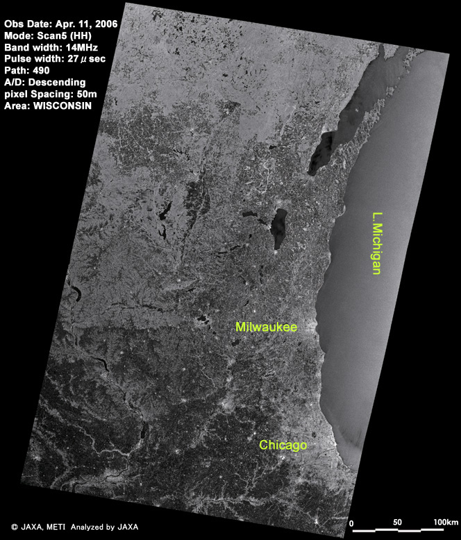 PALSAR (ScanSAR)によるアメリカ・ミシガン湖周辺(2006年4月11日)