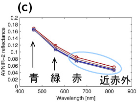 (c)は画像中の変色海域(赤系色)と非変色海域(青系色)を2組(計4点)抽出してプロットした図。横軸は波長、縦軸はAVNIR-2観測の反射率。○と×は左図中の記号と対応。