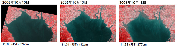 図3: 2006年10月10日、13日、18日のAVNIR-2画像の有明海北部の拡大図