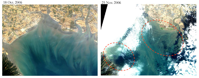 図5: AVNIR-2による2006年10月18日と11月25日の有明海北部のRGB画像(トゥルーカラー画像)