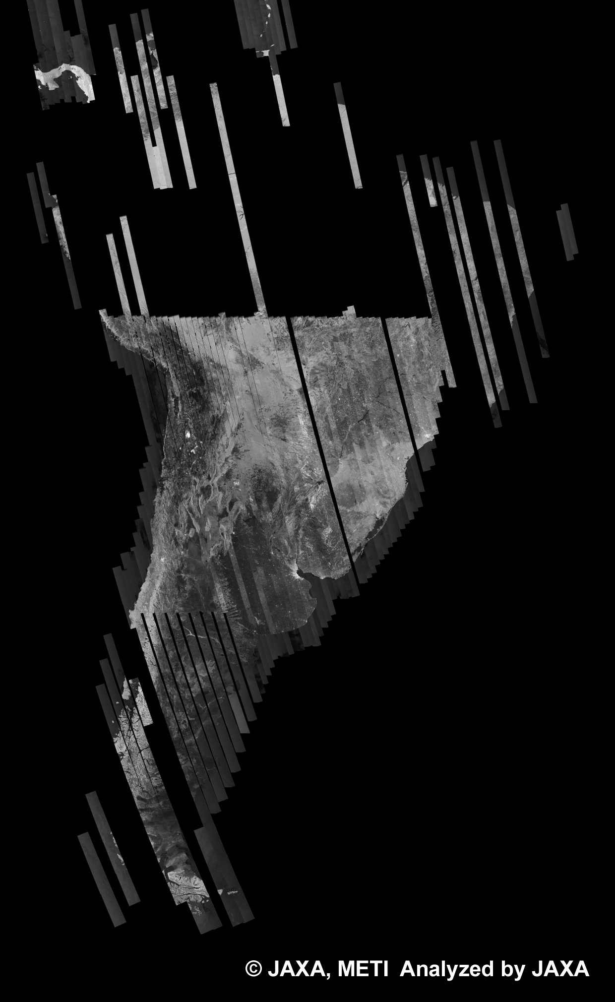 図2: 30回帰のPALSAR観測による南アメリカ500mブラウズモザイク