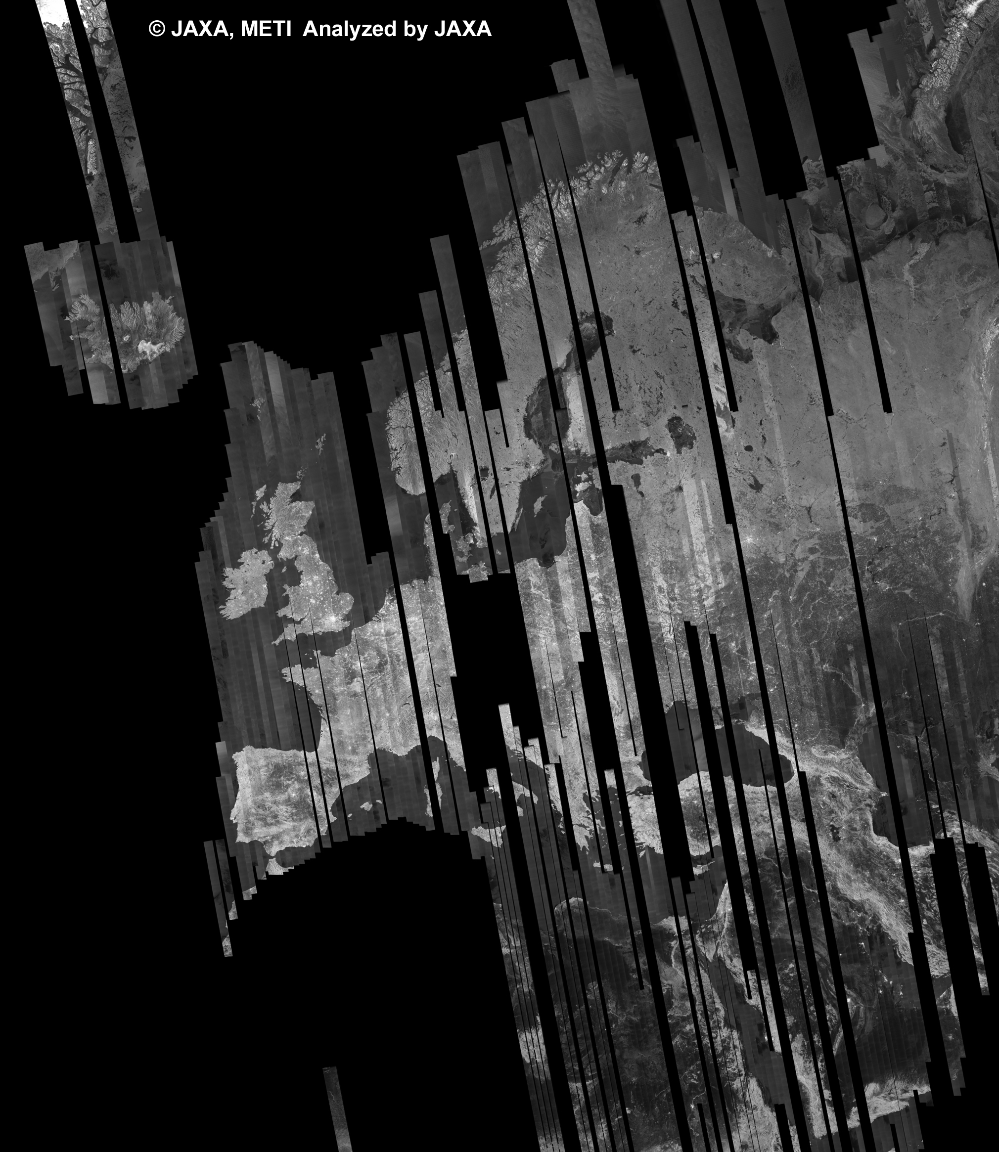 図5: 33回帰のPALSAR観測によるヨーロッパ500m(FBS/HH)ブラウズモザイク