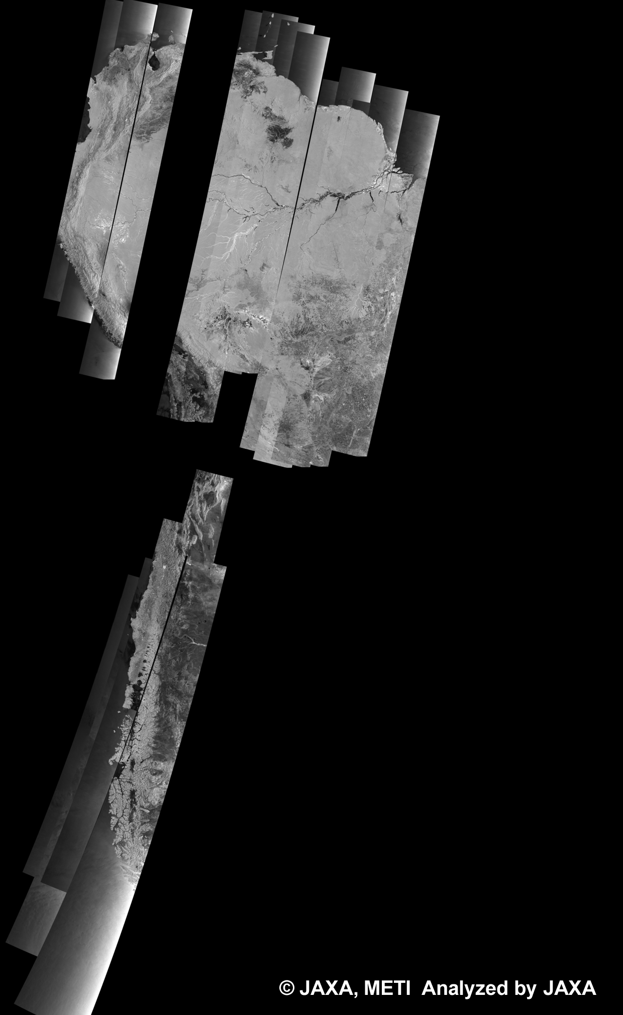 図16: 34回帰のPALSAR観測による南米500m(WB1/HH)ブラウズモザイク