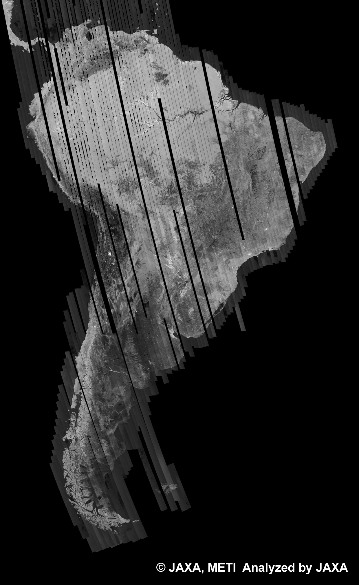 図12: 36回帰のPALSAR観測による南米500m(FBD/HH)ブラウズモザイク
