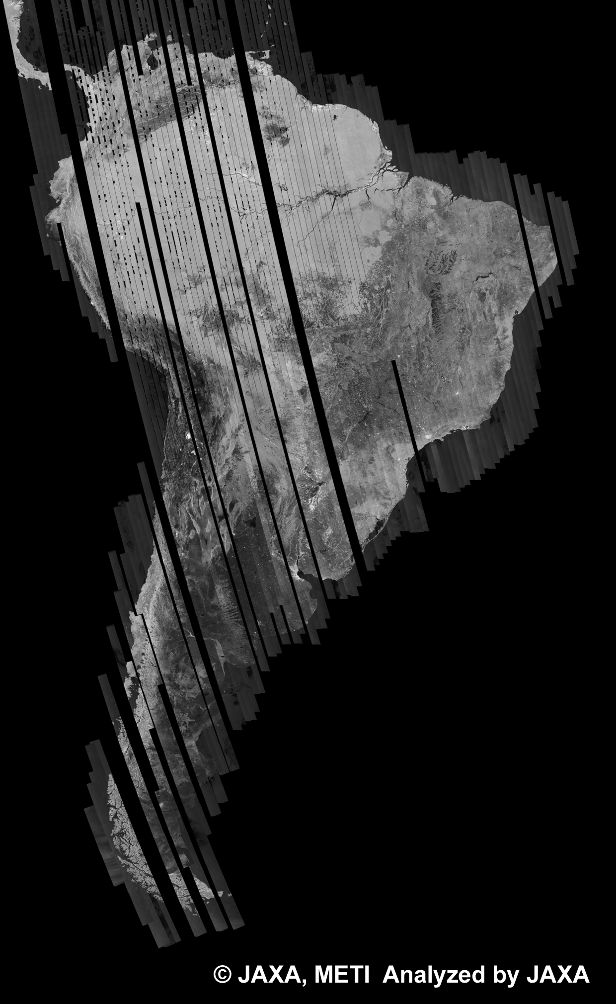 図14: 37回帰のPALSAR観測による南米500m(FBD/HH)ブラウズモザイク