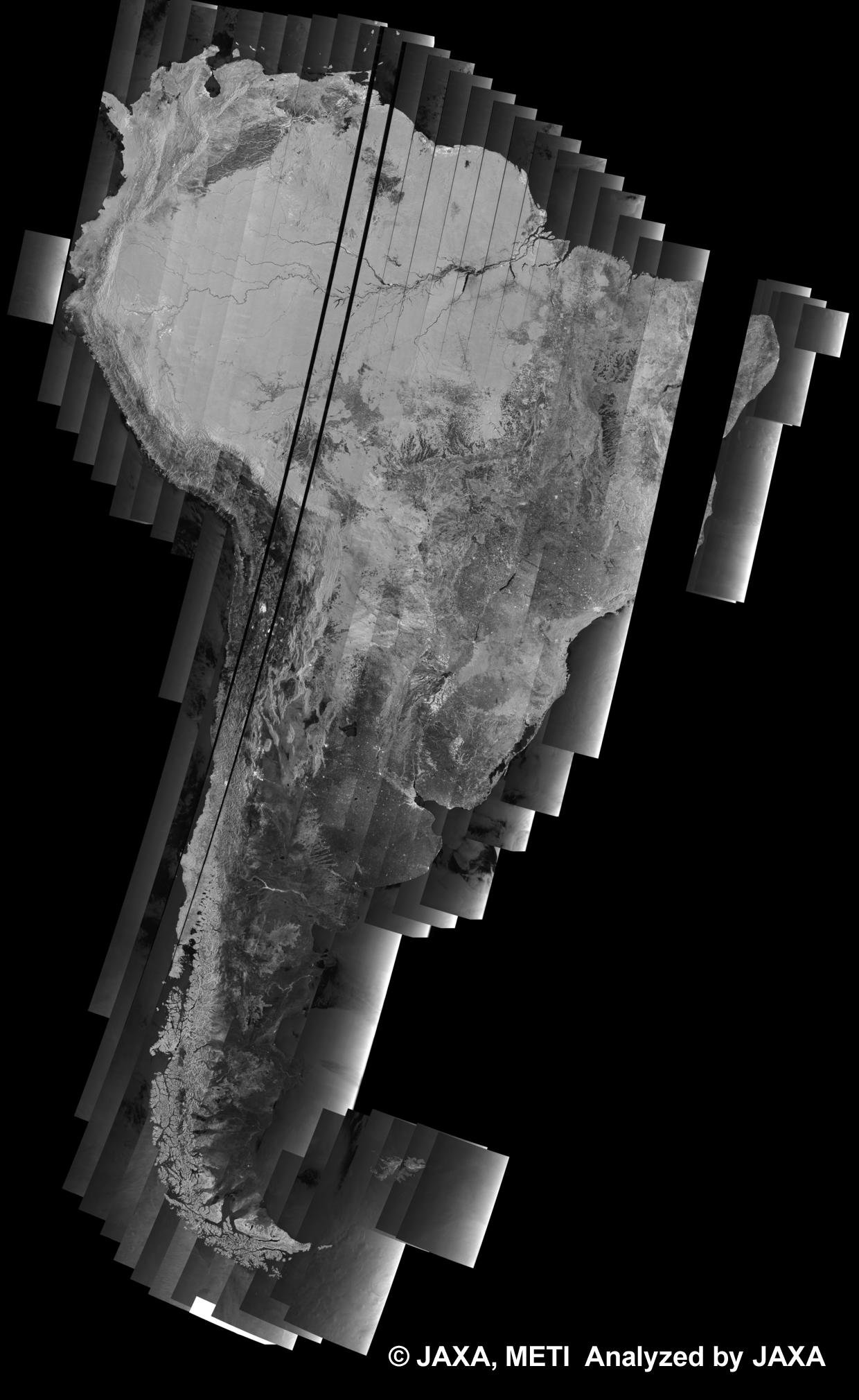 図15: 38回帰のPALSAR観測による南米500m(WB1/HH Descending)ブラウズモザイク