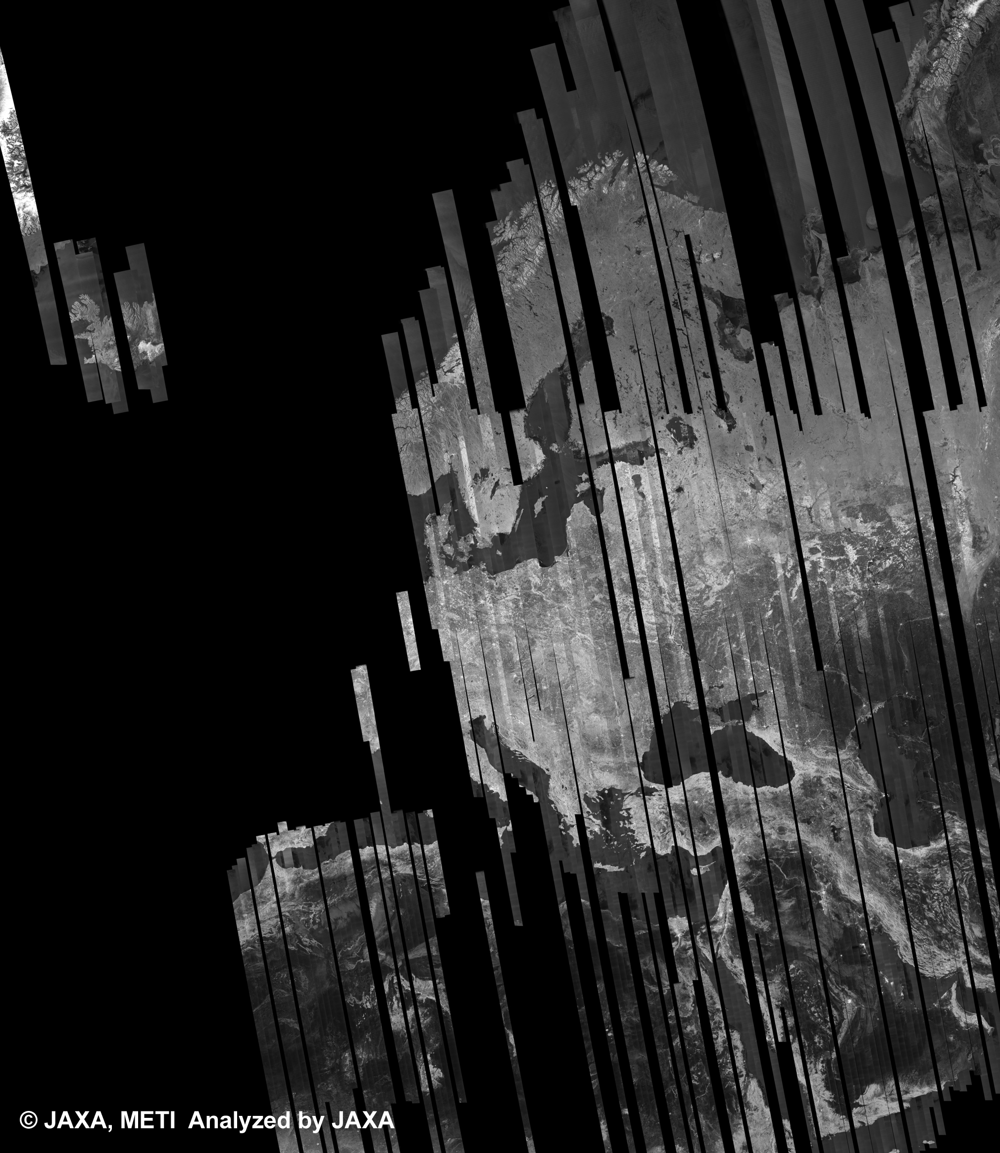図9: 40回帰のPALSAR観測によるヨーロッパ500m(FBS/HH Ascending)ブラウズモザイク