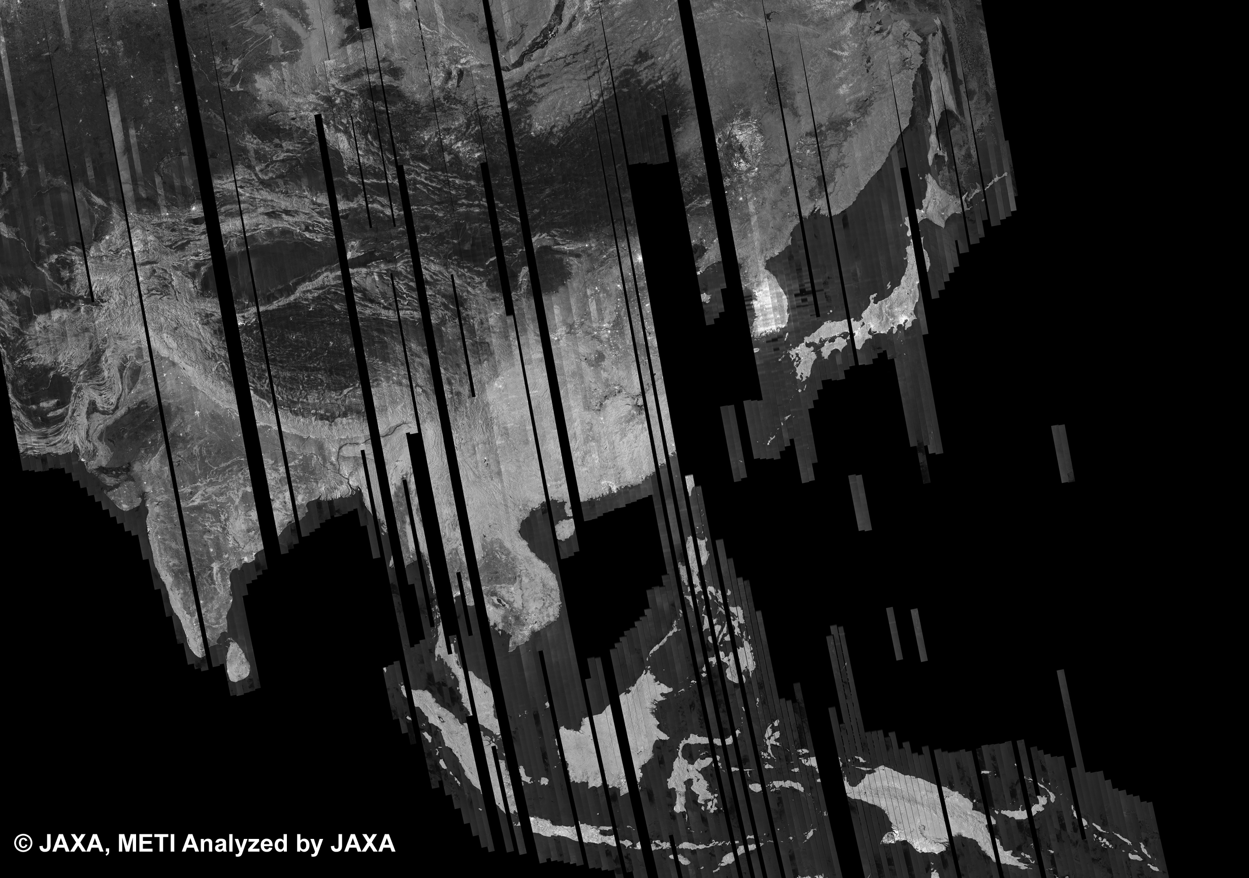 図1: 17回帰(2008年1月23日～3月8日)のPALSAR観測によるアジアの500mブラウズモザイク