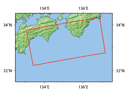 図8: 観測範囲（紀伊半島沖、数値標高データはGTOPO30を使用）