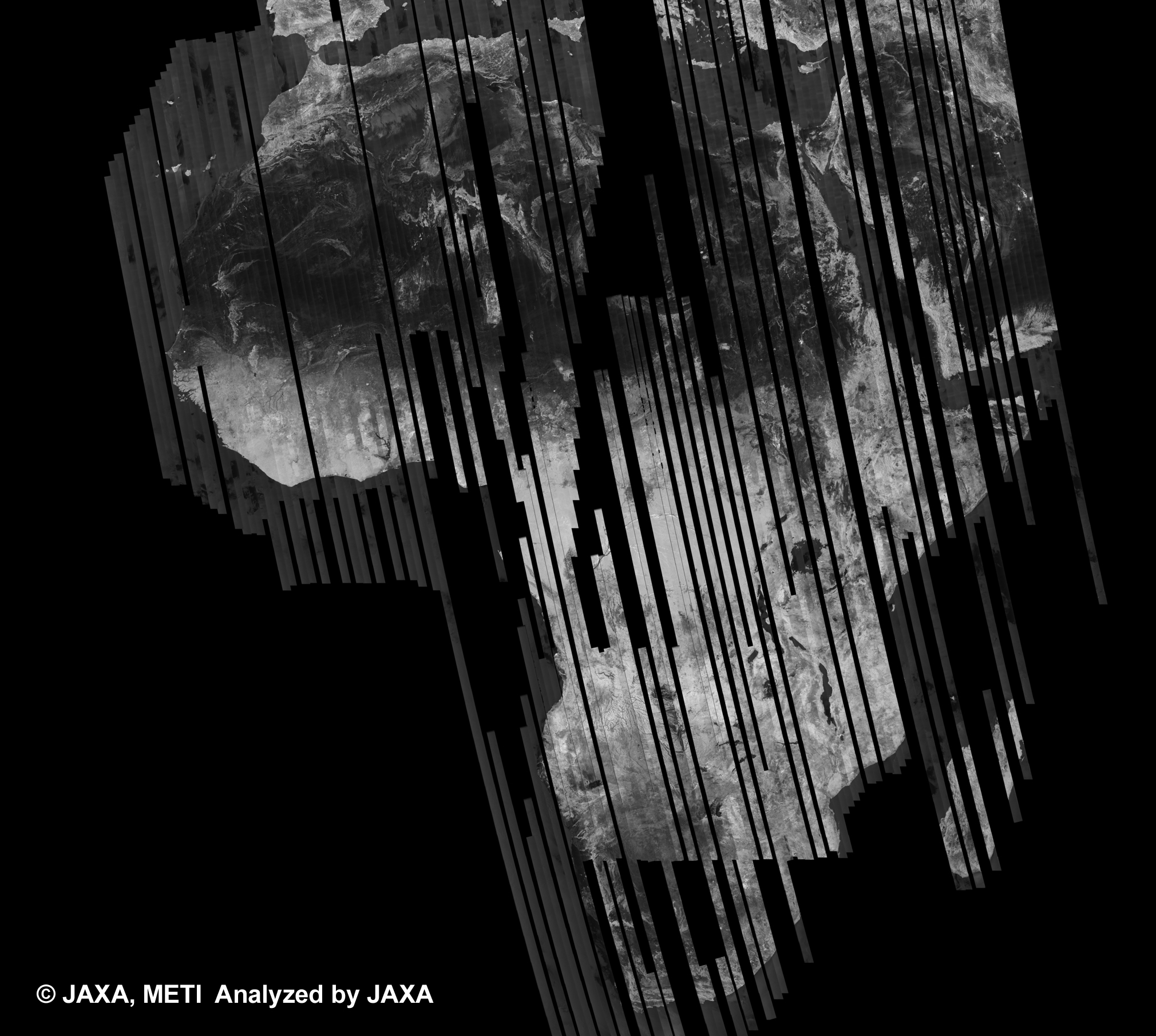 図1: PALSAR観測による34回帰(2010年3月15日〜2010年4月29日)のアフリカ500m(FBS/HH)ブラウズモザイク