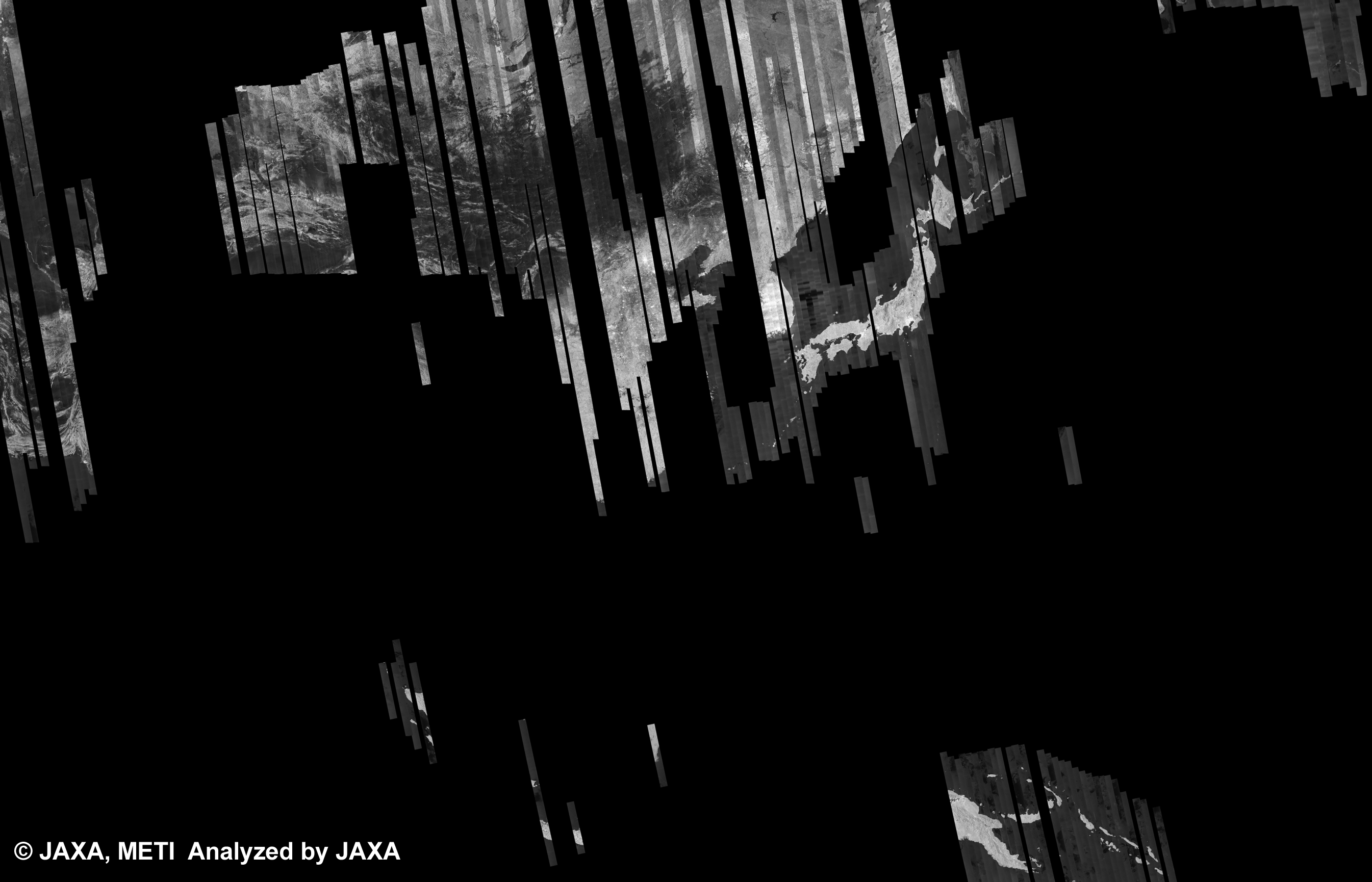 図6: PALSAR観測による34回帰(2010年3月15日〜2010年4月29日)のアジア500m(FBS/HH)ブラウズモザイク