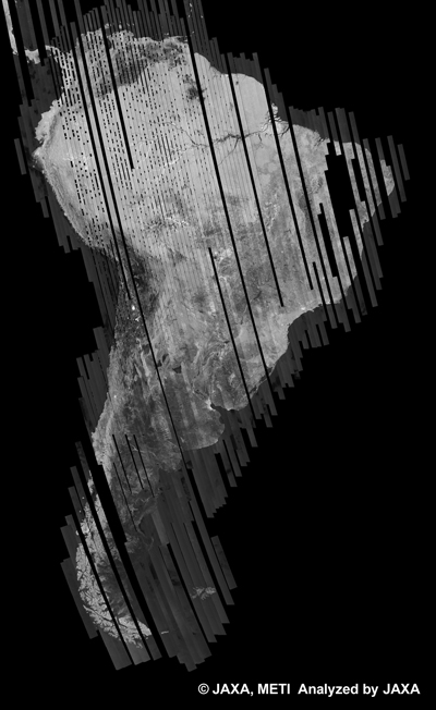 図15: PALSAR観測による34回帰(2010年3月15日〜2010年4月29日)の南米500m(FBS/HH)ブラウズモザイク