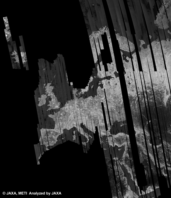 図9: PALSAR観測による36回帰(2010年6月15日〜2010年7月30日)のヨーロッパ500m(FBD/HH)ブラウズモザイク