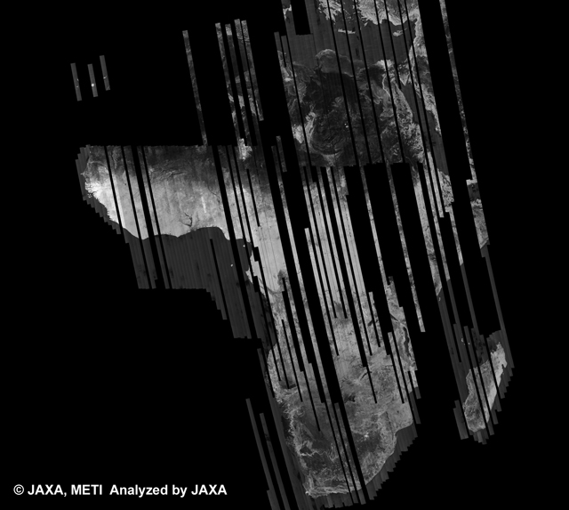 図1: PALSAR観測による37回帰(2010年7月31日〜2010年9月14日)のアフリカ500m(FBD/HH)ブラウズモザイク