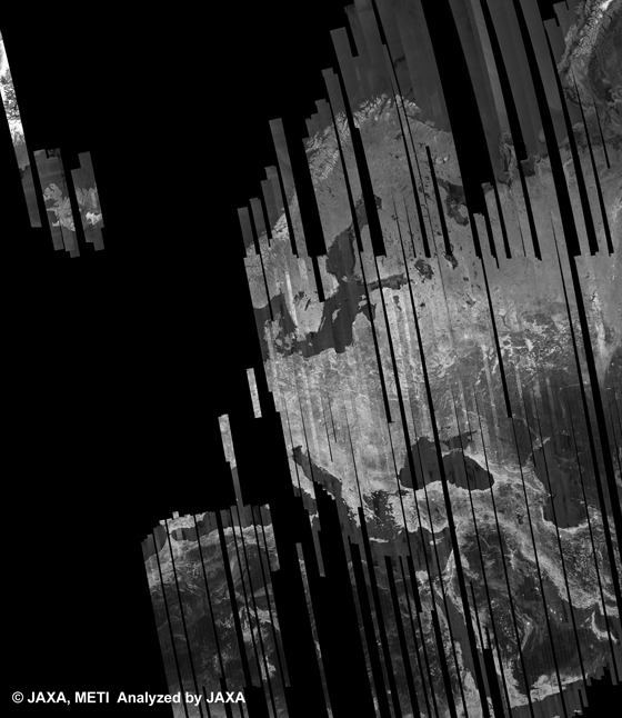 図9: PALSAR観測による40回帰(2010年12月16日〜2011年1月30日)のヨーロッパ500m(FBS/HH Ascending)ブラウズモザイク