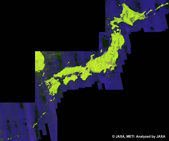 図2: 2007年6月7日〜2007年11月27日のPALSAR観測による50mオルソモザイクプロダクトの日本カラーモザイク