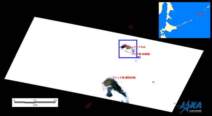 図1:2009年6月18日午前10時26分頃に陸域観測技術衛星「だいち」(ALOS)搭載の高性能可視近赤外放射計2型(アブニール・ツー)により観測された千島列島マツア島サリュチェフ火山付近の画像全体(青枠は図2の範囲)
