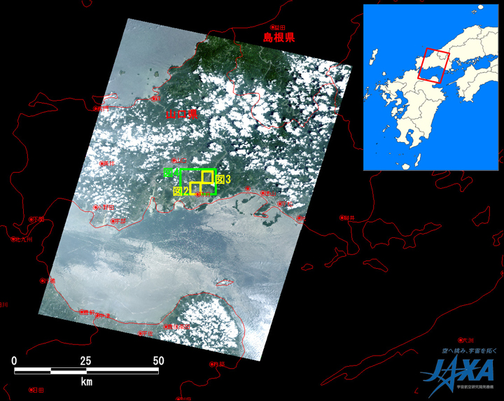 図1:2009年7月23日 午前11時16分頃に陸域観測技術衛星「だいち」(ALOS)搭載の高性能可視近赤外放射計2型(アブニール・ツー)により観測された画像全体(黄枠：図2、3拡大画像の範囲、緑枠は図4拡大画像の範囲)