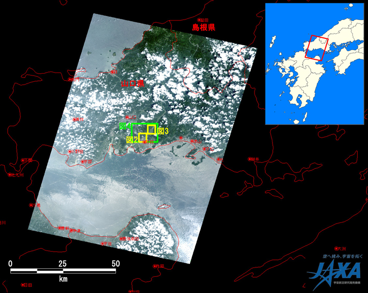 }1:2009N723 ߑO1116ɗϑZpquv(ALOS)ڂ̍\ߐԊOˌv2^(Auj[Ec[)ɂϑꂽ摜S(gF}2A3g摜͈̔́AΘg͐}4g摜͈̔)