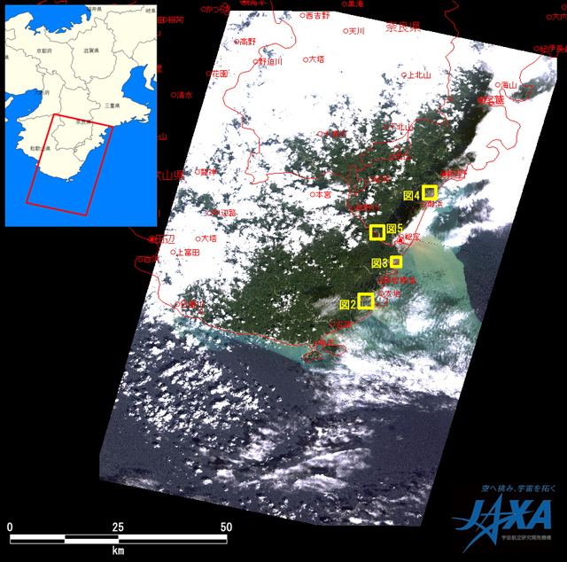 図1:2009年10月8日10時58分頃(日本時間)に陸域観測技術衛星「だいち」(ALOS)搭載センサ高性能可視近赤外放射計2型(アブニール・ツー)により観測された画像全体(ポインティング角：14.0度, 黄枠：図2~5の範囲)