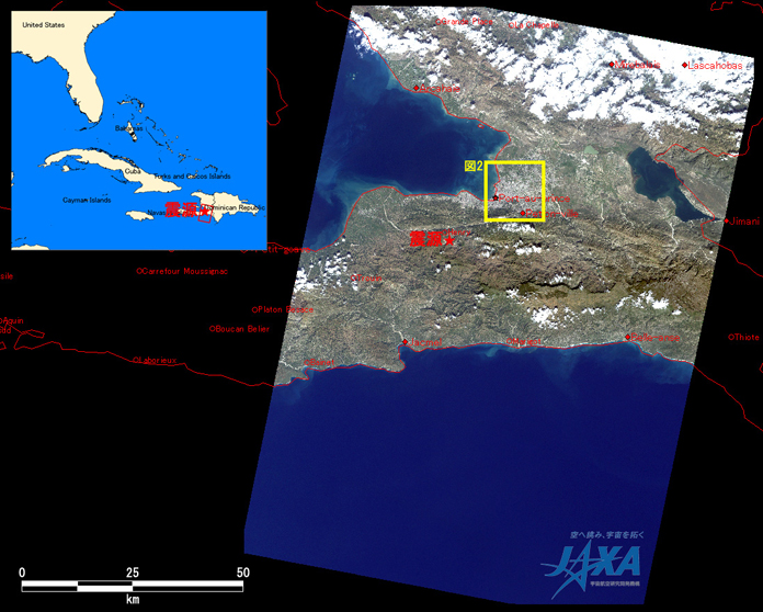 図1:2010年1月14日午前0時18分頃に陸域観測技術衛星「だいち」(ALOS)搭載の高性能可視近赤外放射計2型(アブニール・ツー)により観測された画像全体(黄枠：図2拡大画像の範囲)