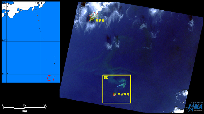 図1:陸域観測技術衛星「だいち」(ALOS)搭載の高性能可視近赤外放射計2型(アブニール・ツー)により2010年2月12日午前10時06分頃(日本時間)に観測した画像の全体図、黄枠:は図2拡大画像の範囲