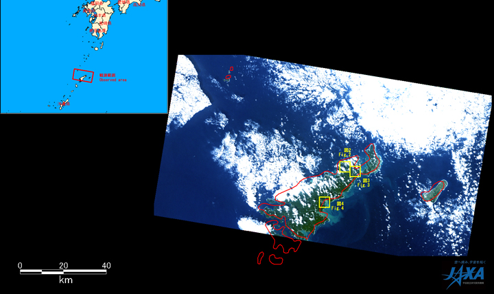 図1:奄美大島のアブニール・ツー画像(ポインティング角度: 41.5度, 黄色枠：図2~4の範囲)、2010年10月30日10時41分頃(日本時間)観測