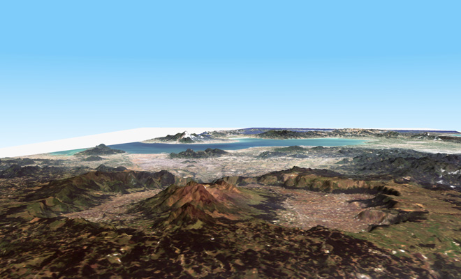 AVNIR-2で観測した阿蘇山の鳥瞰図(2006年5月4日)