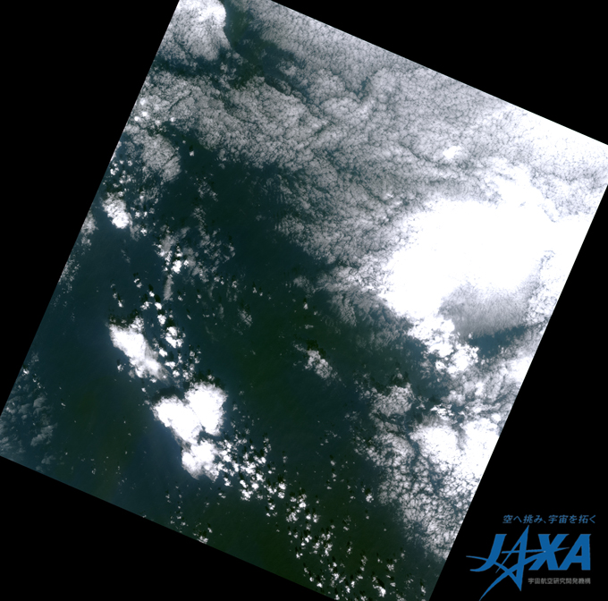 図4:陸域観測技術衛星「だいち」搭載センサ、高性能可視近赤外放射計2型(アブニール・ツー)の最終画像(アラスカ南東部海上、取得日時：2011年4月22日5時21分頃(日本時間))
