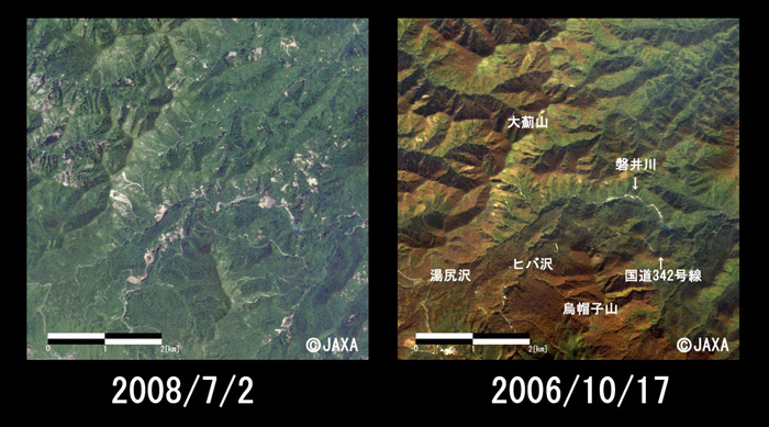 図7: 磐井川流域(左: 被災後、右: 被災前)