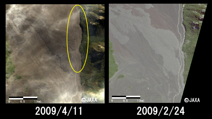 図3:2009年4月11日に陸域観測技術衛星「だいち」(ALOS)搭載の高性能可視近赤外放射計2型(アブニール・ツー)により取得したジャイマ火山南東の拡大図、左：噴火後(2009年4月11日観測)、右：噴火前(2009年2月24日観測)各約3.5km四方, 黄色丸は溶岩によって道路が寸断されていると思われるところ