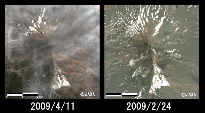図4:2009年4月11日に陸域観測技術衛星「だいち」(ALOS)搭載の高性能可視近赤外放射計2型(アブニール・ツー)により取得したジャイマ火山噴火口付近の拡大図、左：噴火後(2009年4月11日観測)、右：噴火前(2009年2月24日観測)各約6km四方