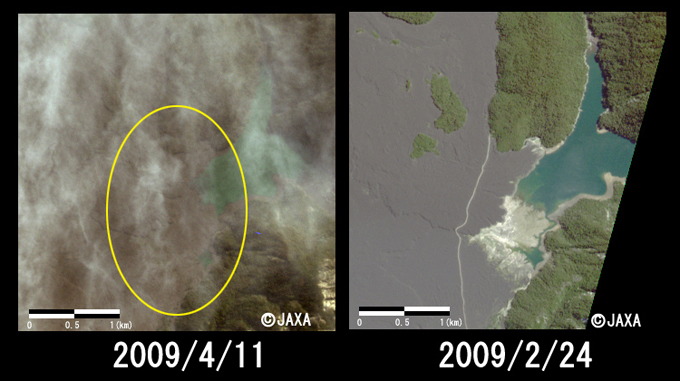図2:2009年4月11日に陸域観測技術衛星「だいち」(ALOS)搭載の高性能可視近赤外放射計2型(アブニール・ツー)により取得したラグーナ・ベルデ付近の拡大図、左: 噴火後(2009年4月11日観測)、右: 噴火前(2009年2月24日観測、それぞれ約3.5km四方、黄色丸は溶岩によって湖が埋まっているところ)