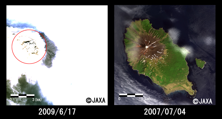 図2:陸域観測技術衛星「だいち」(ALOS)搭載の高性能可視近赤外放射計2型(アブニール・ツー)により観測されたサリュチェフ火山火口付近の拡大図、左：噴火後(2009年6月17日観測)、右：噴火前(2007年7月4日観測)、それぞれ約12km四方