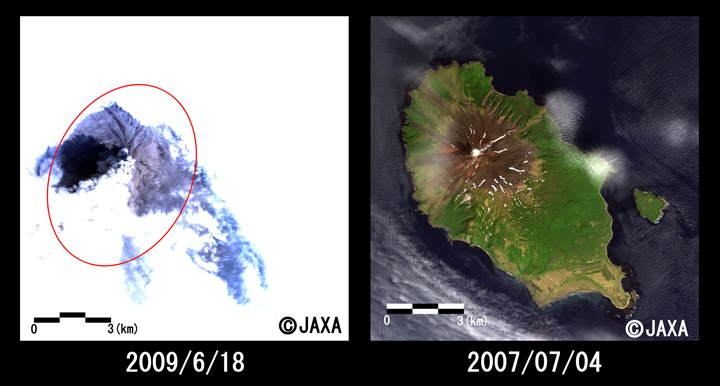 図2:陸域観測技術衛星「だいち」(ALOS)搭載の高性能可視近赤外放射計2型(アブニール・ツー)により観測されたサリュチェフ火山火口付近の拡大図、左：噴火後(2009年6月18日観測)、右：噴火前(2007年7月4日観測)、それぞれ約12km四方