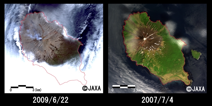 図2:陸域観測技術衛星「だいち」(ALOS)搭載の高性能可視近赤外放射計2型(アブニール・ツー)により観測されたサリュチェフ火山火口付近の拡大図、左：噴火後(2009年6月22日観測)、右：噴火前(2007年7月4日観測)、それぞれ約12km四方