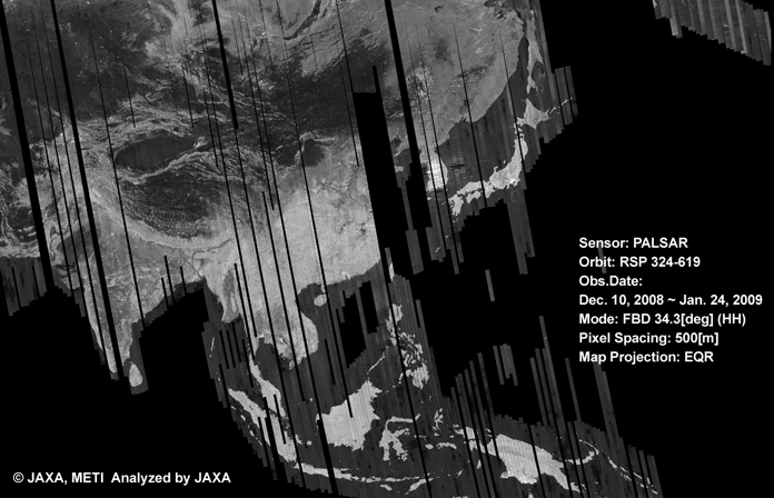 図2: 24回帰(2008年12月10日〜2009年1月24日:FBS34.3)のPALSAR観測によるアジア500mブラウズモザイク
