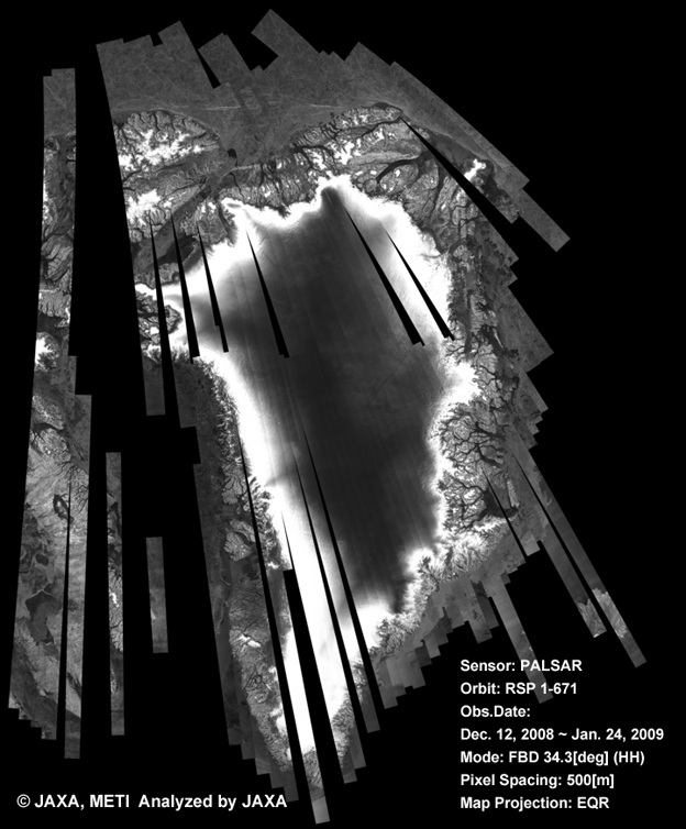図3: 24回帰(2008年12月12日〜2009年1月24日:FBS34.3)のPALSAR観測によるグリーンランド500mブラウズモザイク