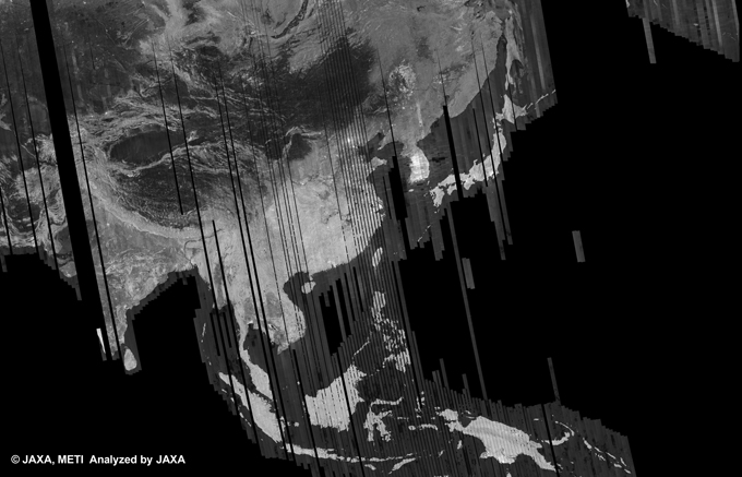 図1: 32回帰(2009年12月13日〜2010年1月27日:FBS34.3)のPALSAR観測によるアジア500mブラウズモザイク