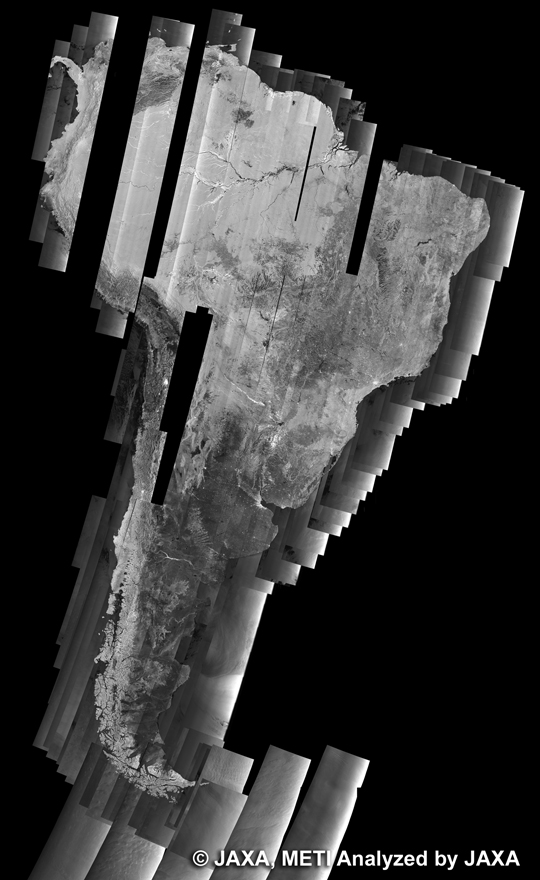 図2: 20回帰(2008年6月9日〜7月24日)のPALSAR観測による南アメリカの500mブラウズモザイク