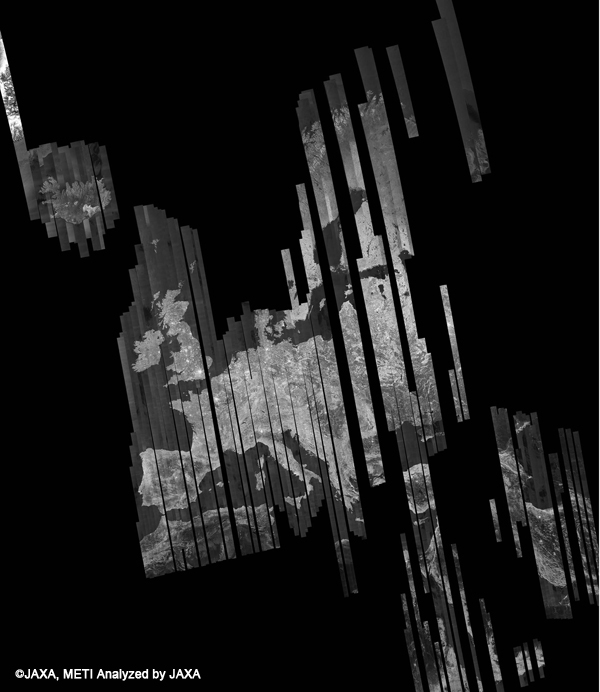 図2: 18回帰(2008年3月9日〜4月23日)PALSAR観測によるヨーロッパの500mブラウズモザイク