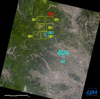 図1右:2008年7月2日に陸域観測技術衛星「だいち」(ALOS)搭載のAVNIR-2で観測した岩手・宮城内陸地震被災後の岩手・宮城・山形・秋田県境周辺