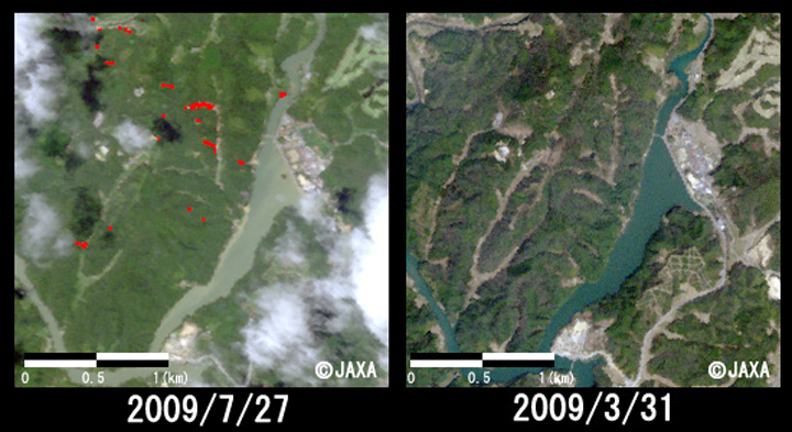 図2:陸域観測技術衛星「だいち」(ALOS)搭載の高性能可視近赤外放射計2型(アブニール・ツー)により観測された宇部市小野地区付近の拡大図、左：災害後(2009年7月27日観測)、赤色は土砂崩れが発生していると推定される箇所、右：災害前(2009年3月31日観測)、それぞれ約2.5km四方